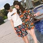 Couple Matching Flower Print Playsuit / Crew-neck Short-sleeve T-shirt / Printed Shorts