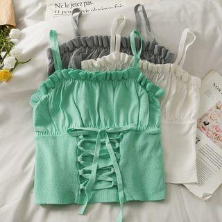 Ruffle-trim Lace-up Crop Knit Top