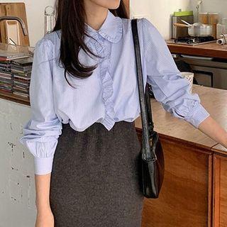 Long Sleeve Frill Trim Pinstriped Shirt Light Blue - One Size