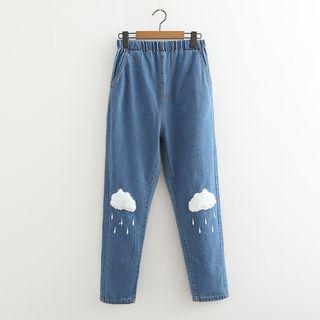 Cloud Embroidered Washed Jeans