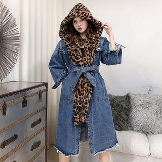 Furry Panel Hooded Tie-waist Denim Jacket