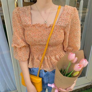 Balloon-sleeve Floral Print Chiffon Blouse