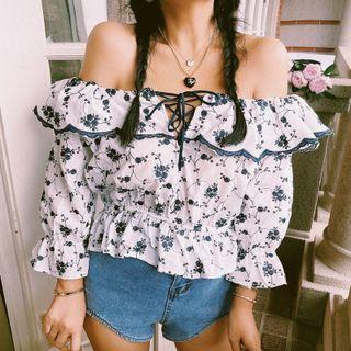 3/4-sleeve Off-shoulder Lace-up Floral Print Top
