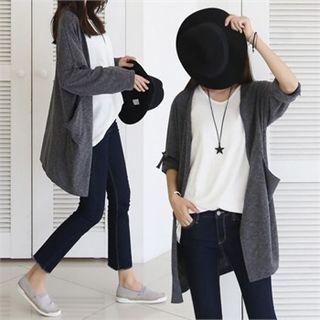 Tab-sleeve Open-front Long Cardigan