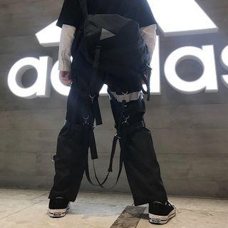 Belted Strap Reflective Panel Straight-cut Pants