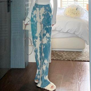 Long-sleeve Drawstring Cropped T-shirt / Tie-dye Wide Leg Pants