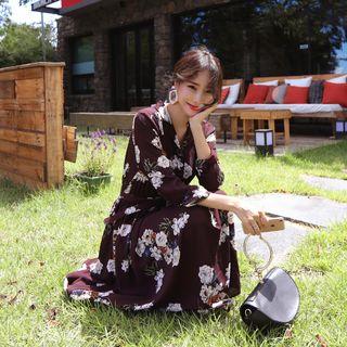 Notched-lapel Floral Print Dress With Belt