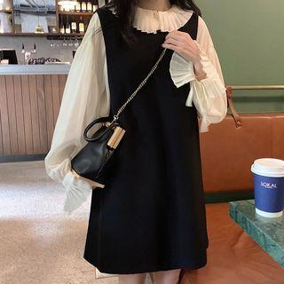 Long-sleeve Chiffon Blouse / Mini A-line Pinafore Dress