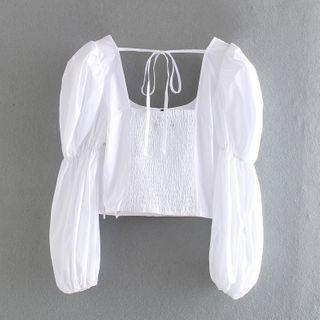 Long-sleeve Shirred Square-neck Crop Top