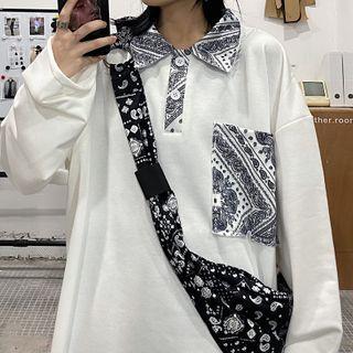 Printed Panel Collared Long-sleeve T-shirt