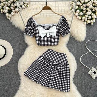 Set: Short Sleeve Bow Detail Plaid Crop Top + Pleated Mini Skirt