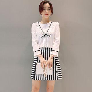 Set: Bow Neck Blouse + Striped A-line Skirt