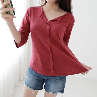 Open-placket 3/4-sleeve Linen Blend Shirt