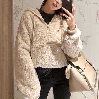 Zip Placket Fleece Hoodie Beige Almond - One Size