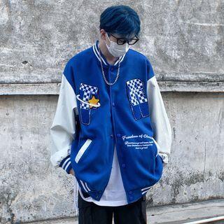Two-tone Checkered Panel Baseball Jacket