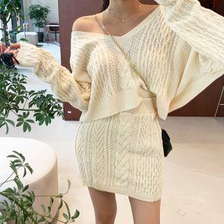 Set: Cable-knit Oversized Top + Miniskirt