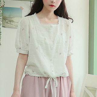 Square-neck Flower Embroidered Linen Blouse