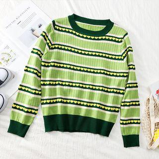 Heart-print Striped Crop Knit Top Green - One Size