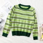Heart-print Striped Crop Knit Top Green - One Size
