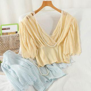 Short-sleeve Ribbed Cropped Blouse