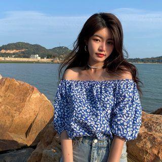 Puff-sleeve Off-shoulder Floral Print Blouse Blue - One Size