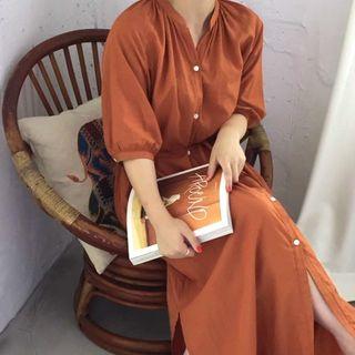Plain Stand-collar Puff-sleeve Dress