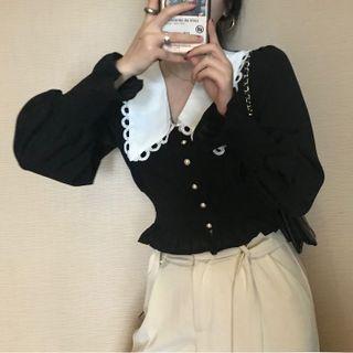 Puff Long-sleeve Peter Pan Collar Blouse Black - One Size