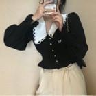 Puff Long-sleeve Peter Pan Collar Blouse Black - One Size