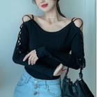 Long-sleeve Cold Shoulder Lace-up Knit Top