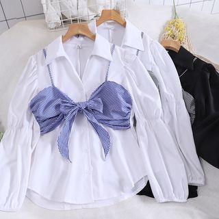 Mock Two-piece Striped Lantern-sleeve Blouse