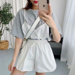 Set: Short-sleeve Mock Two-piece T-shirt + Drawstring Waist Shorts