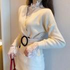 Belted Double-breasted Cardigan/ Long-sleeve Lace Top/ Lace Hem Mini H-line Skirt