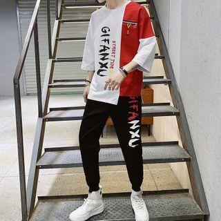 Set: 3/4-sleeve Lettering Print T-shirt + Sweatpants