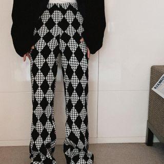 Argyle High Waist Loose Fit Pants White & Black - One Size