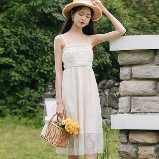 Spaghetti Strap Midi A-line Lace Dress Off-white - One Size