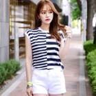 Cap-sleeve Contrast-panel Striped T-shirt