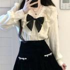 Long-sleeve Ruffled Lace Blouse / Rhinestone Mini A-line Skirt