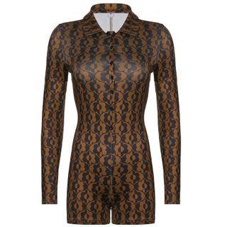 Long-sleeve V-neck Patterned Romper
