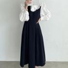 Stitched Pleated Long Pinafore Dress