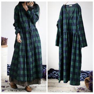 Check Long-sleeve A-line Maxi Dress