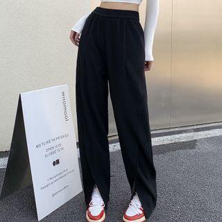 High Waist Slit Wide Leg Pants Black - One Size