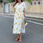 Floral Print V-neck Puff-sleeve Midi A-line Dress White - One Size