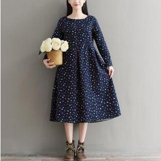 Leaf Print Long Sleeve Midi Dress