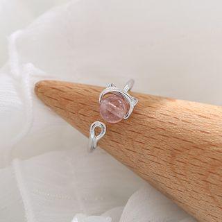 Faux-crystal Cat Open Ring Silver - One Size