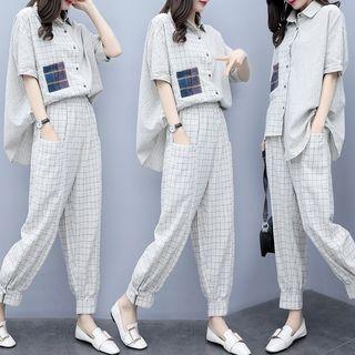 Set: Striped Panel Elbow-sleeve Shirt + Cropped Checked Harem Pants