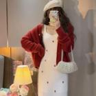 Spaghetti Strap Floral Embroidered Knit Midi Sheath Dress / Cardigan