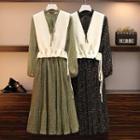 Set: Long-sleeve Maxi Floral A-line Dress + Knit Vest