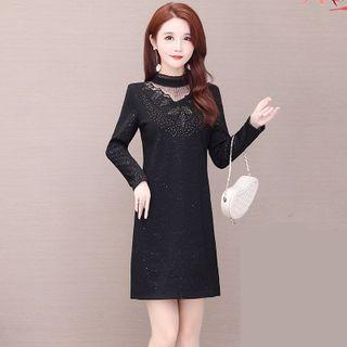 Long-sleeve Lace Panel Mock-neck Mini A-line Dress
