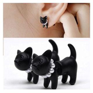 Cat Stud Earring 1 Pair - Black - One Size