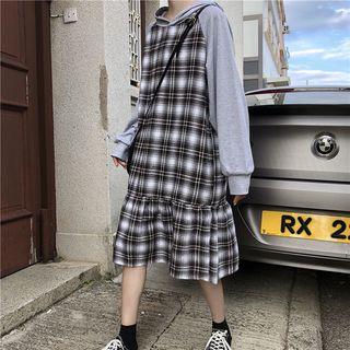 Long Sleeve Plaid Panel Hooded Mermaid Dress